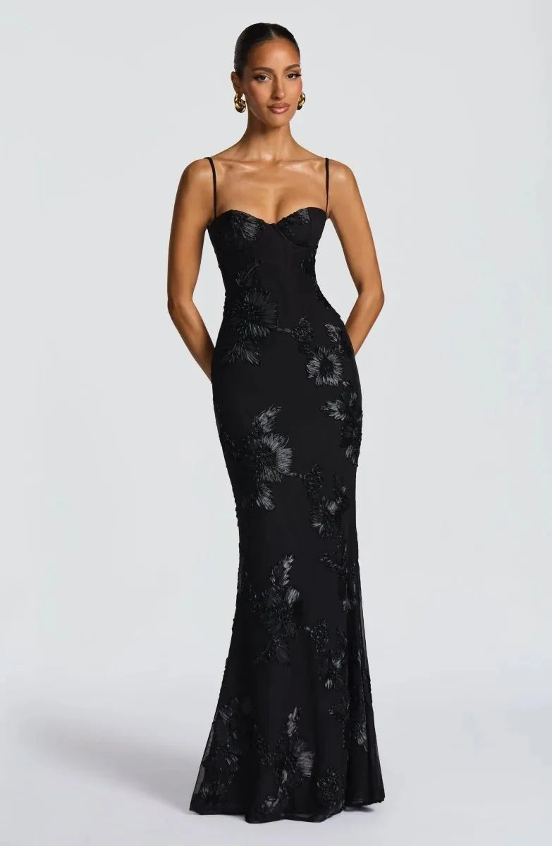 Black Women's Floral Embroidered Maxi Dress — Bianca Sweetheart Lace-Up - Front Full