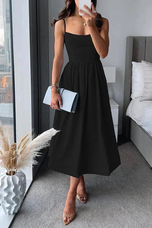 Schwarz Women's Fitted Spaghetti Strap Midi Dress — Olive A-Line Tiered - Studio Pose