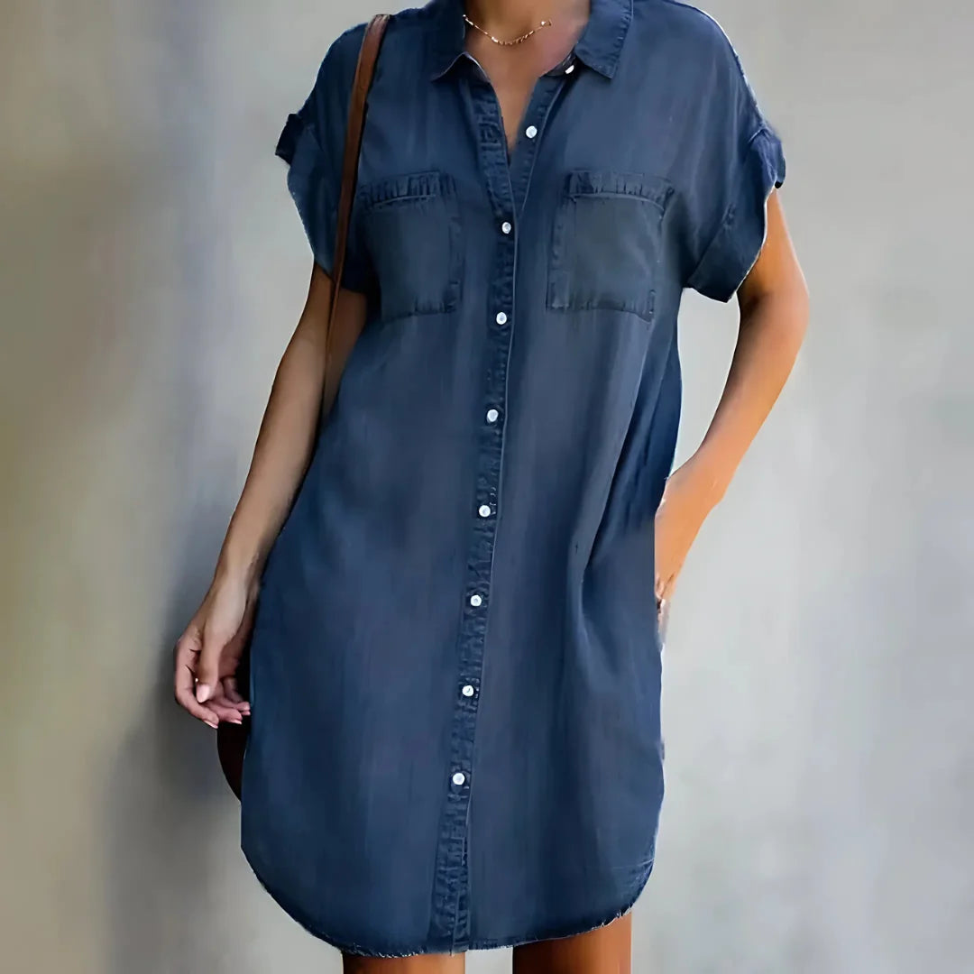 Dark Blue Women's Flattering Button-Front Shirt Dress — Gemma Tummy Control Denim - Front Pose