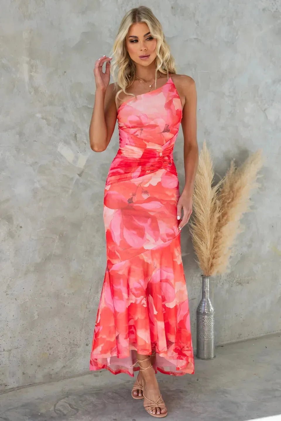 Willow | Elegant Floral One Shoulder Wedding Guest Dress - Red - 2