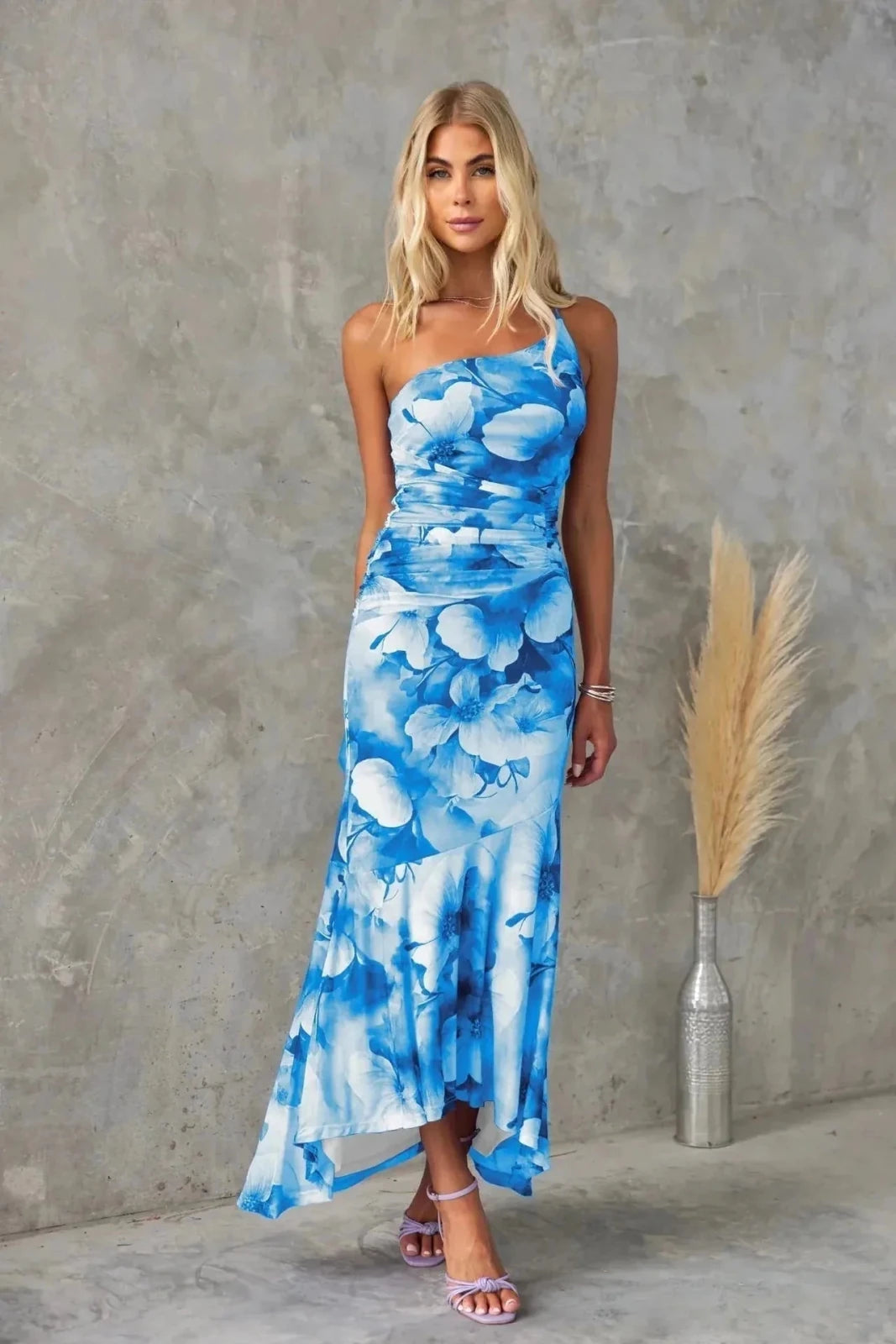 Willow | Elegant Floral One Shoulder Wedding Guest Dress - Red - 5