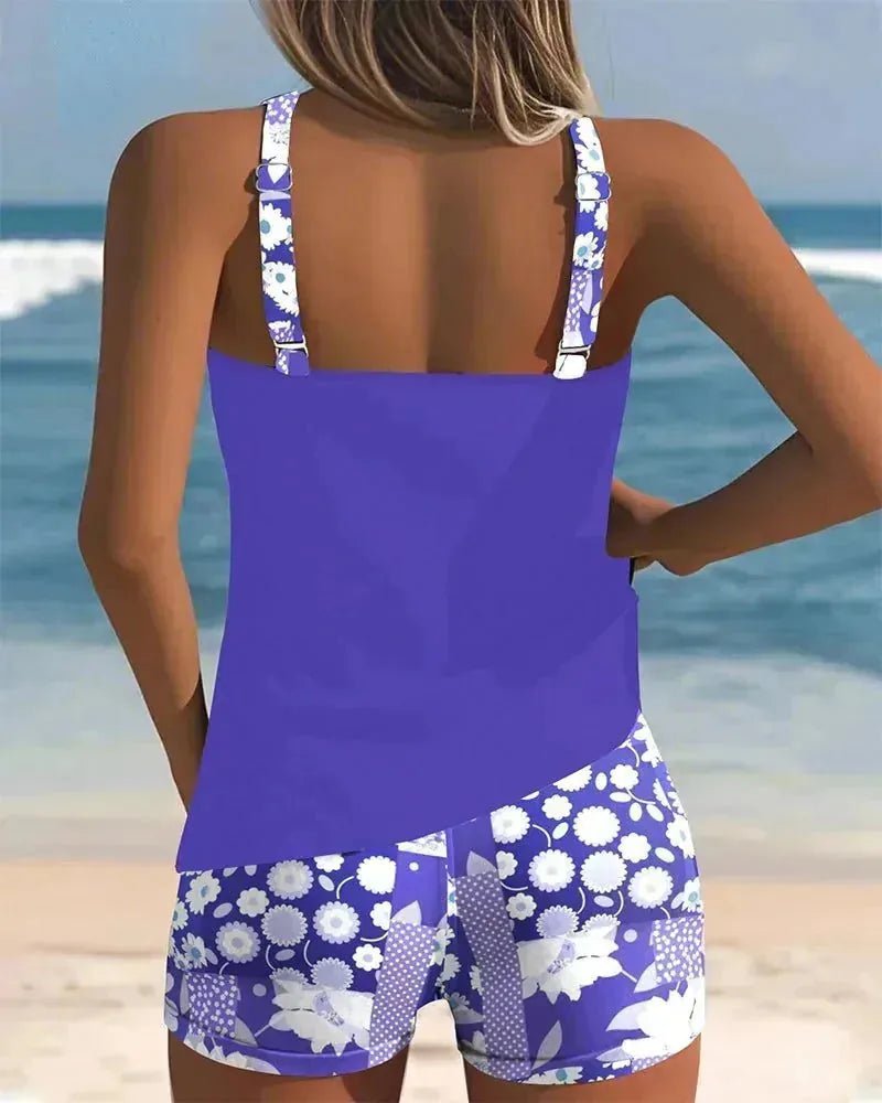Eloise | Stylish Floral Print Tankini With Racerback - Purple - 2
