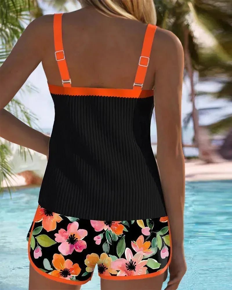 Isabella | Elegant Floral Tankini with Shorts - Orange - 2