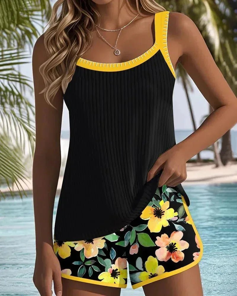 Isabella | Elegant Floral Tankini with Shorts - Yellow - 5