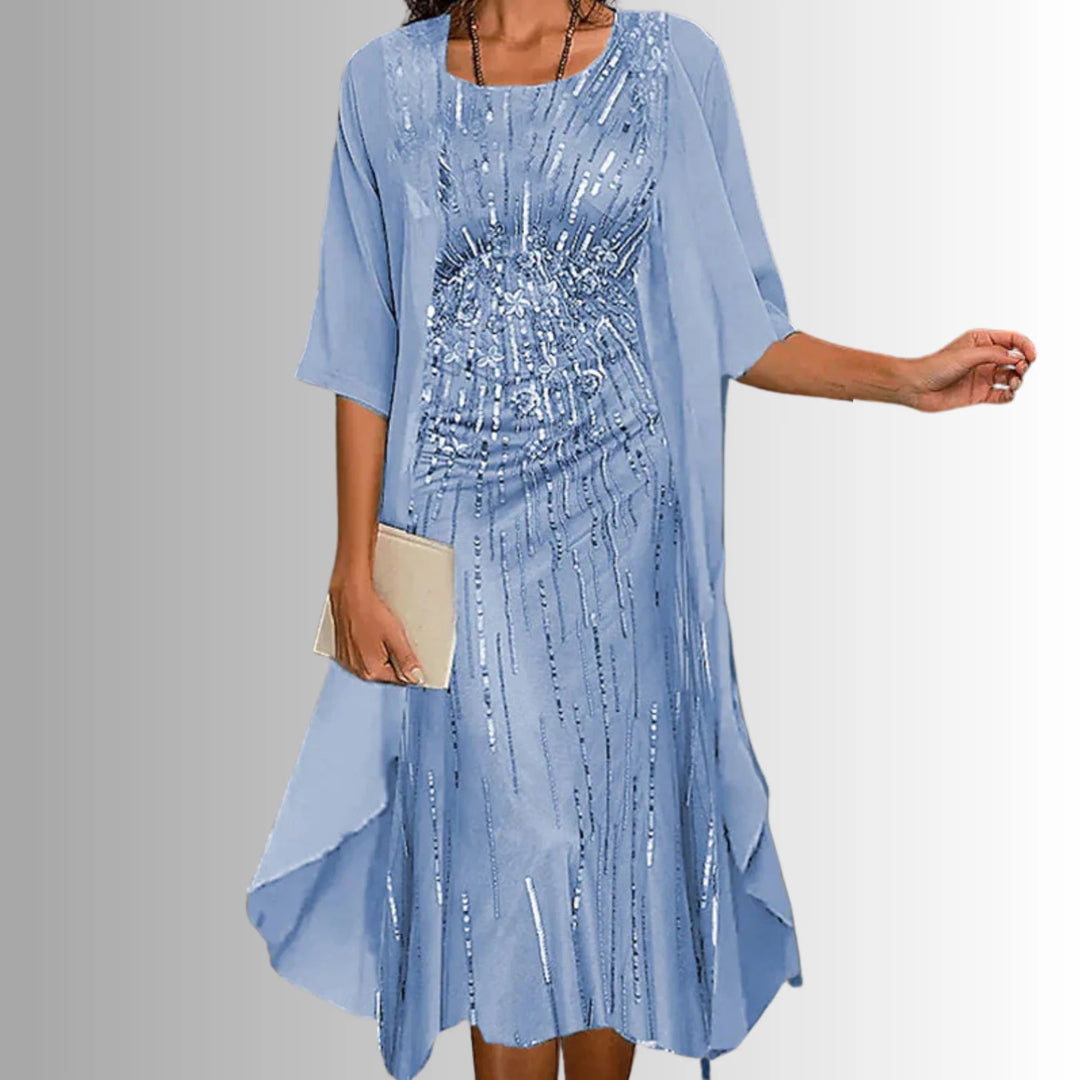 Light Blue Elegant Women's Two Piece Summer Set with Flowy Blouse - Front Styling