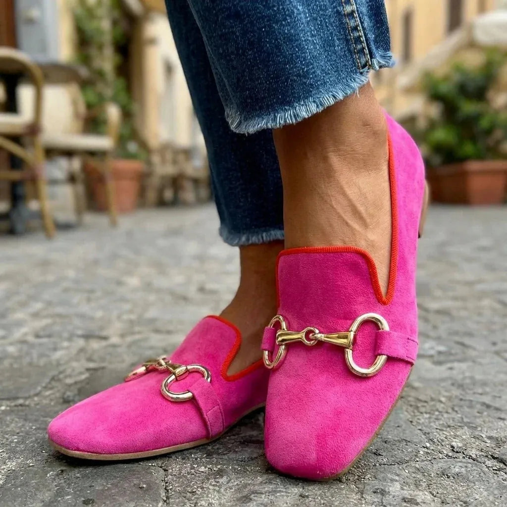 Deep Women's Fluorescent Loafer — Philomena Metal Detail Slip-On - Pink Angled Detail