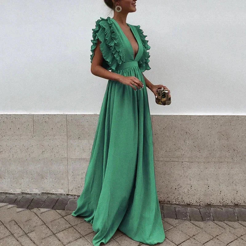 Green Women's Flutter Sleeve Flowy Maxi Dress — Catherine Ruffle Deep V-Neck - Side Pose