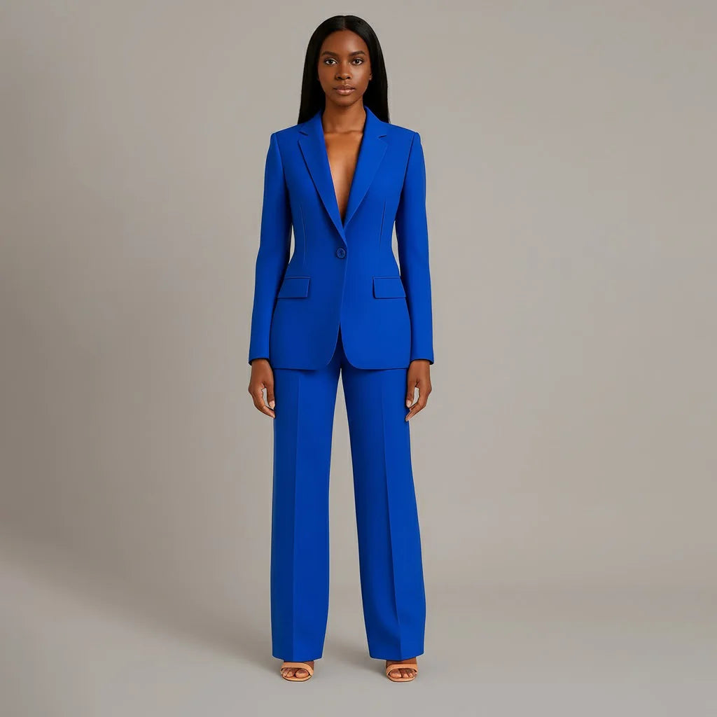 Blue Women's Formal Suit Set — Miranda Deep V-Neck Tailored - Front Tailored