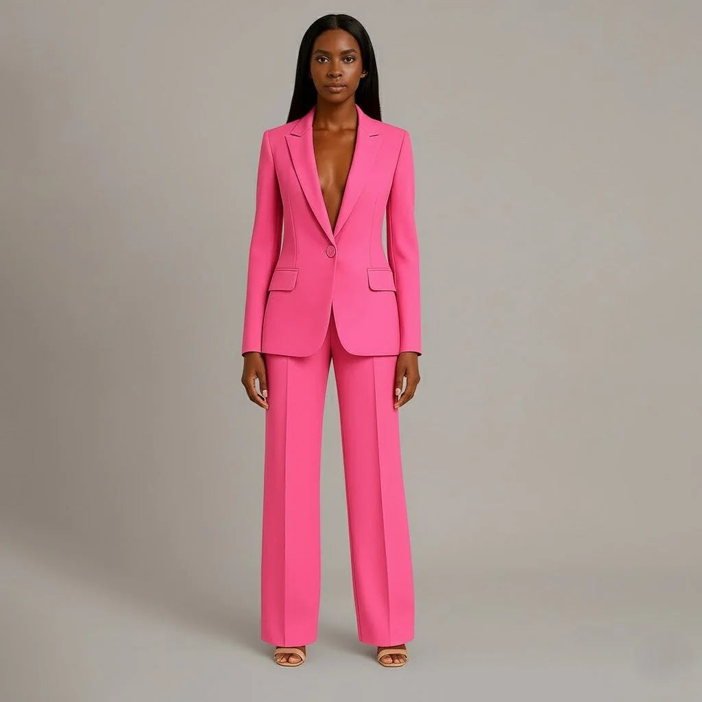 Pink Women's Formal Suit Set — Miranda Deep V-Neck Tailored - Front Studio