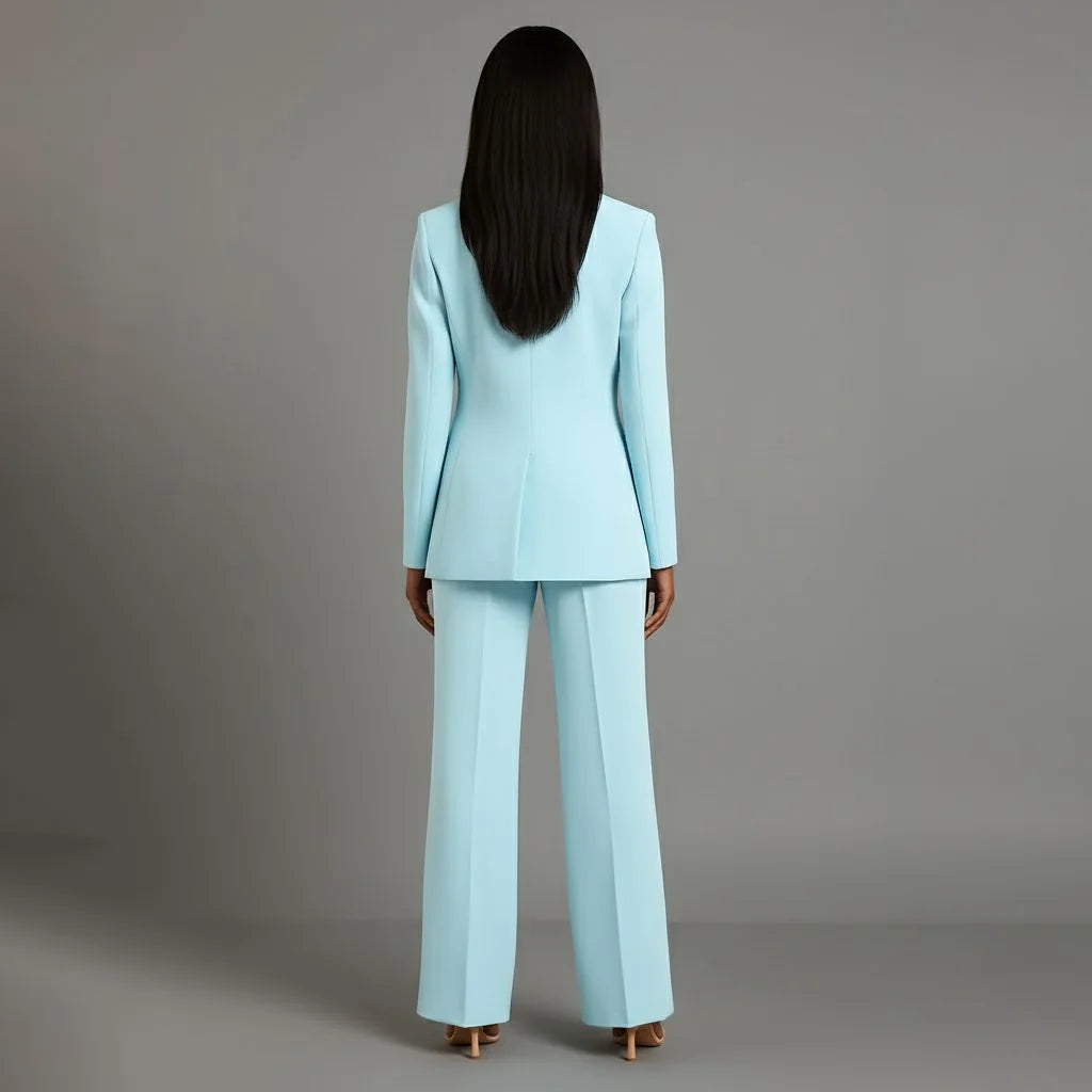 Turquoise Women's Formal Suit Set — Miranda Deep V-Neck Tailored - Back Standing
