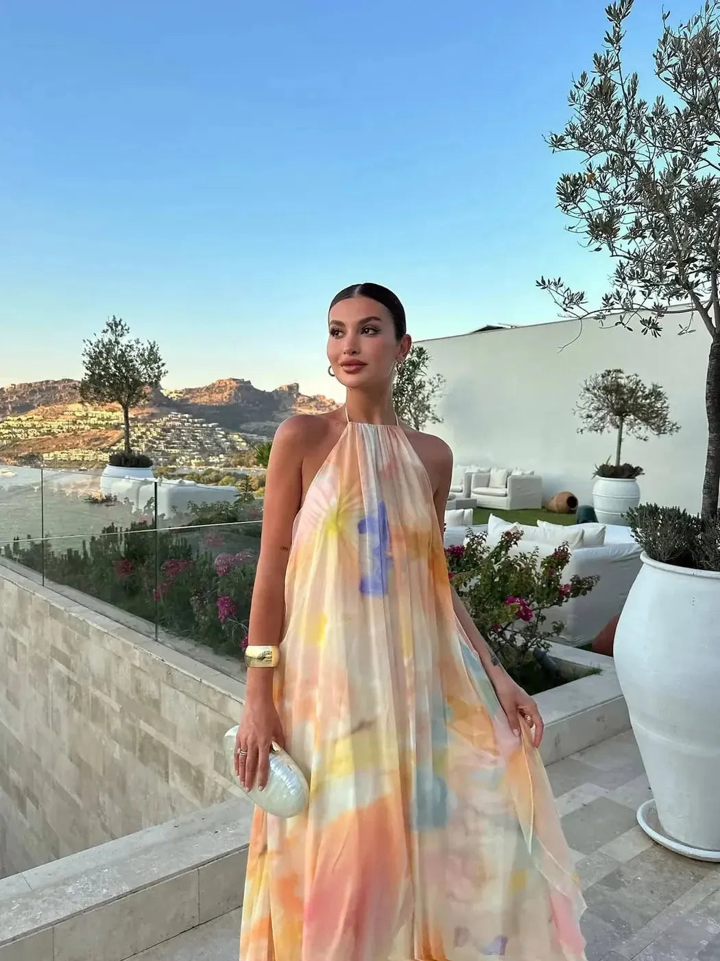 Multicolor Women's Printed Halter Maxi Dress — Pippa Backless Tie Dye - Front Detail
