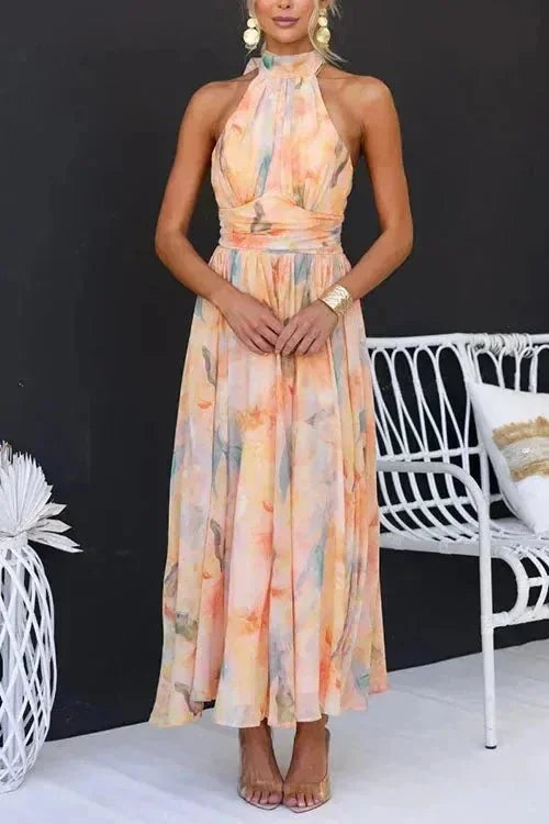 Floral Women's Floral Halter Wedding Guest Dress — Delilah Backless Midi - Front Close