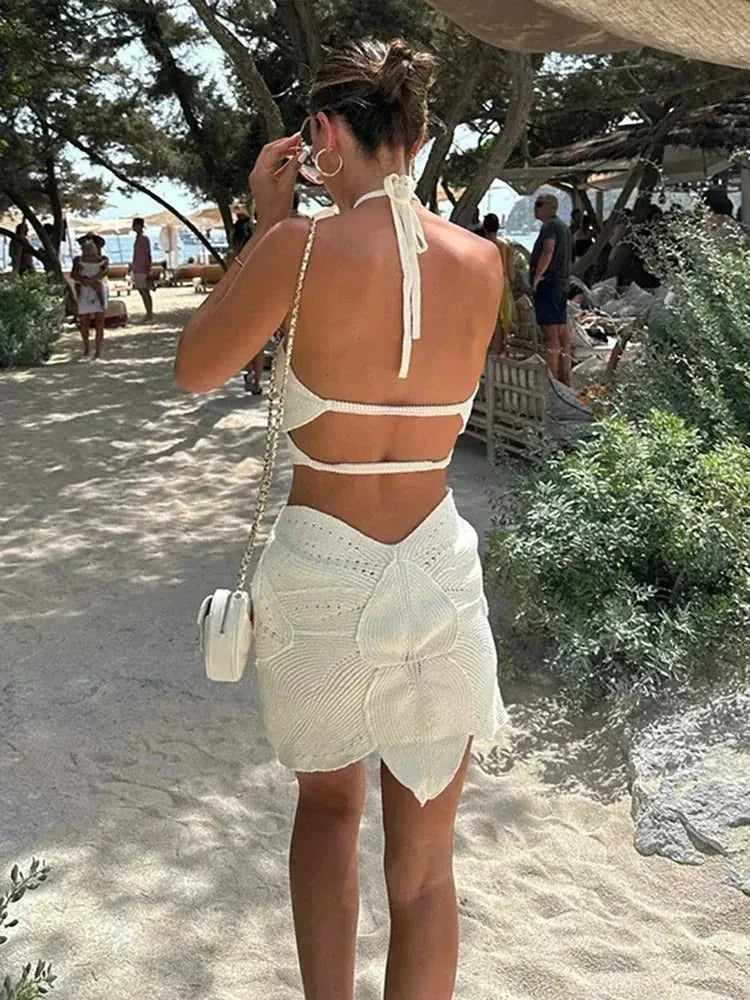 White Women's Halter Cutout Crochet Boho Dress — Tara Mini Backless - Back Walking