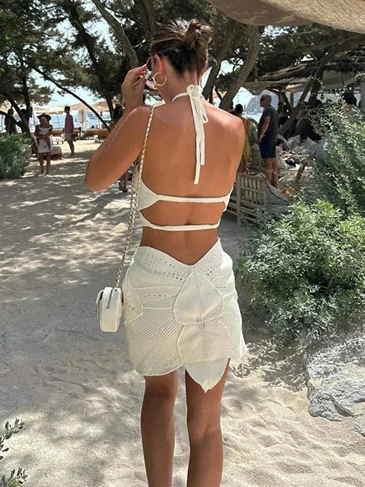 White Women's Halter Cutout Mini Dress — Eva Crochet Open Back - Back Detail