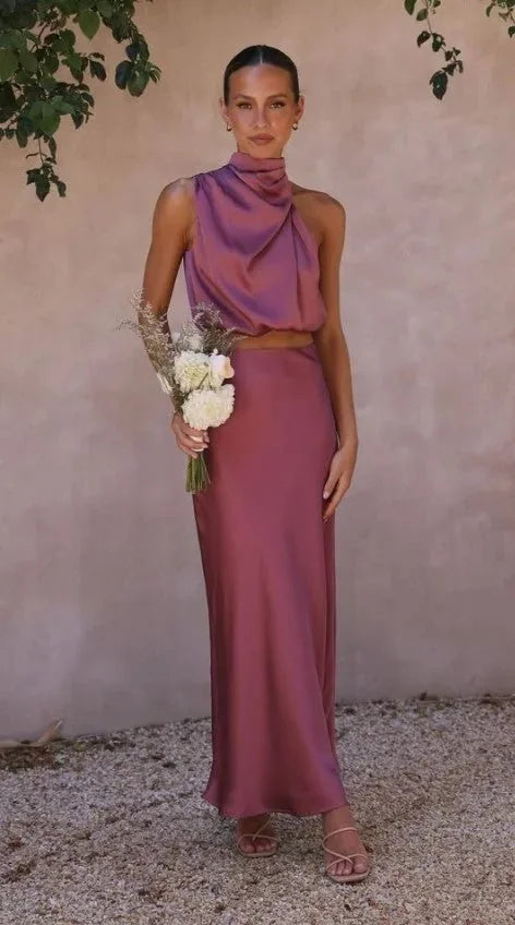 Purple Women's Halter Midi Dress — Irina Two-Piece Sleek - Front Pose