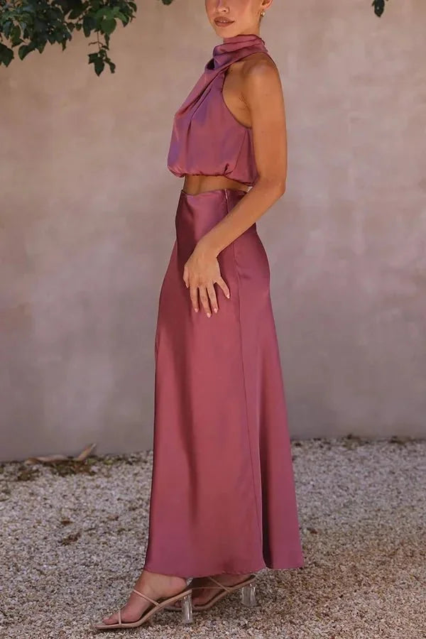 Purple Women's Halter Midi Dress — Irina Two-Piece Sleek - Profile Shot
