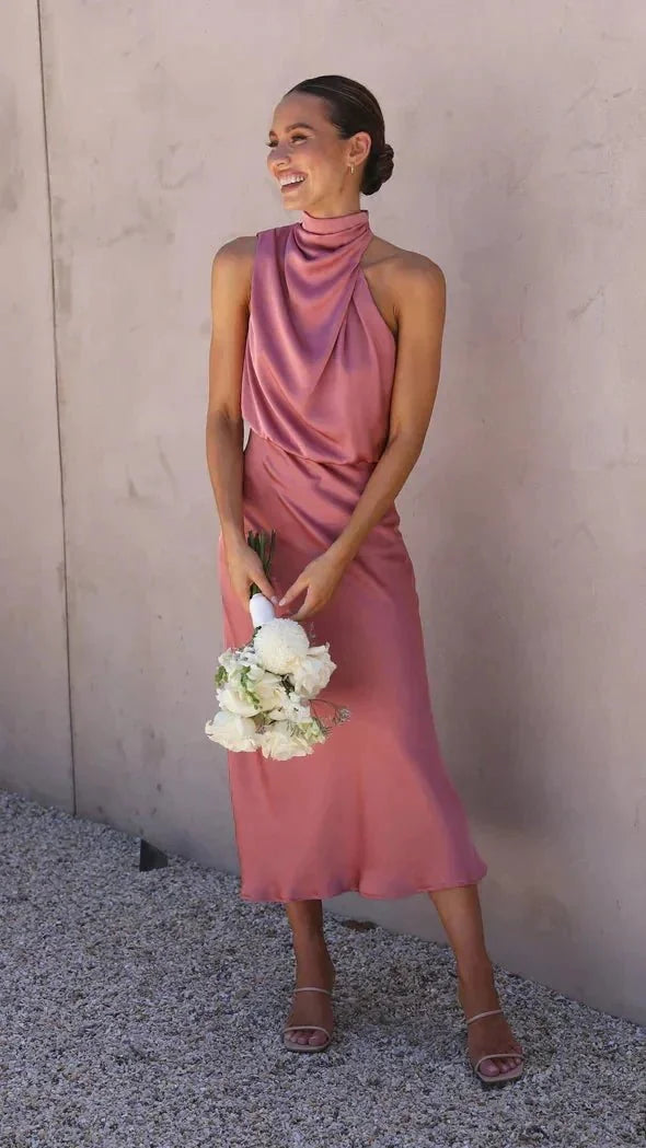 Hot Pink Women's Halter Neck Midi Dress — Caroline Sleeveless Elegant Wedding Guest - Studio Pose