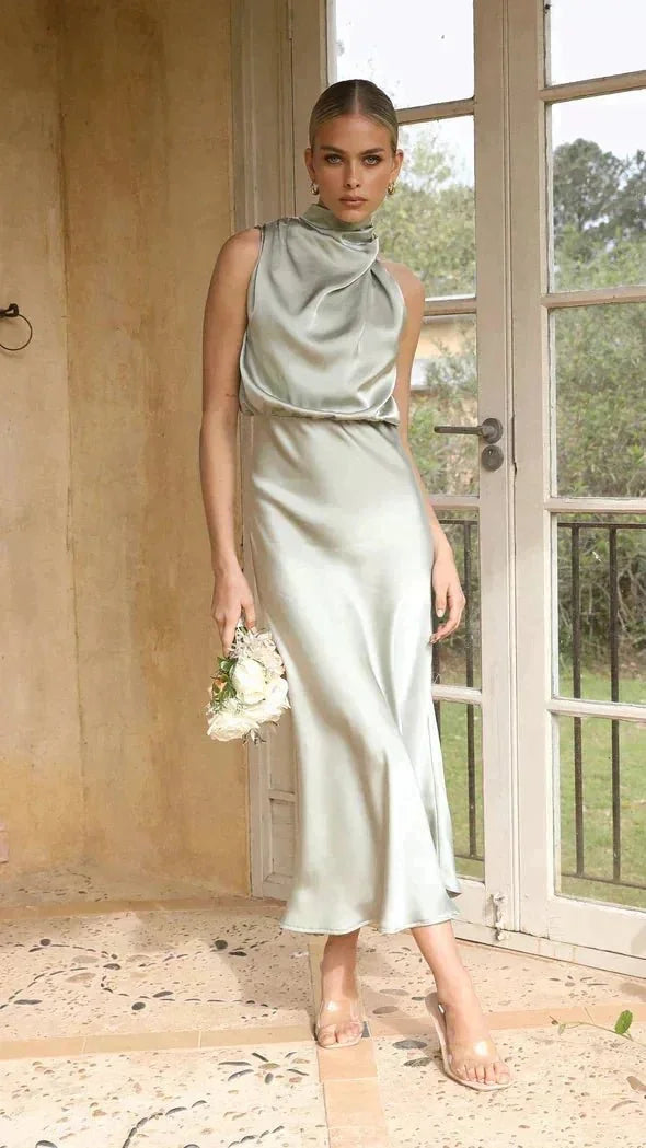 Light Green Women's Halter Neck Midi Dress — Caroline Sleeveless Elegant Wedding Guest - Front Pose
