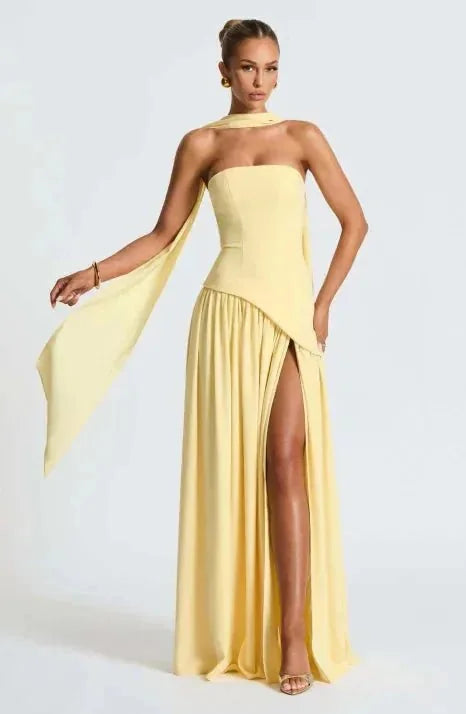 Yellow Women's Halter Neck Strapless Maxi Dress — Brielle Elegant Drape Detail - Side Detail