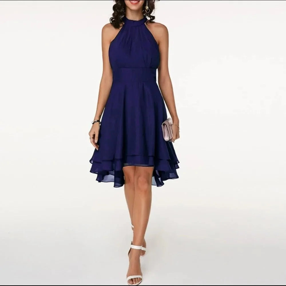 Navy Blue Women's Halter Ruffle Midi Dress — Laurel Tiered Cocktail Party - Full Length