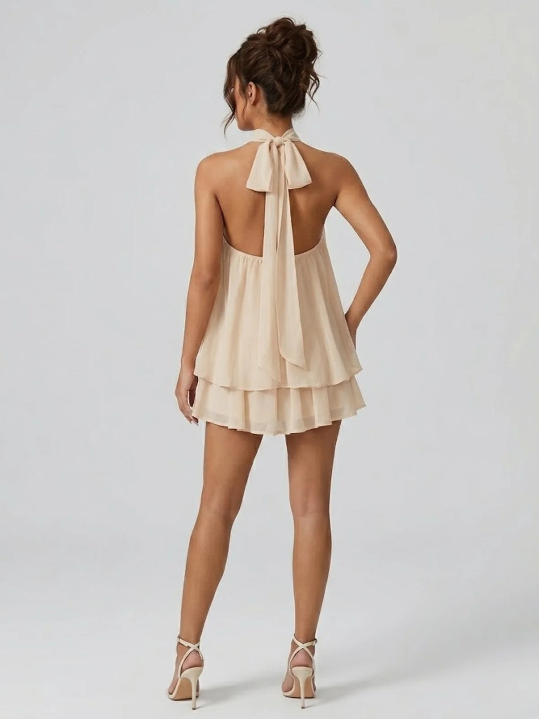 Abricot Women's Halter Neck Tiered Mini Dress — Alexa Backless Flowy Chiffon - Back Full