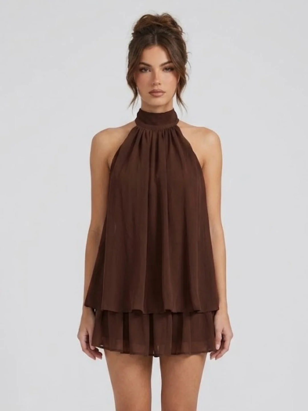 Brown Women's Halter Neck Tiered Mini Dress — Alexa Backless Flowy Chiffon - Front Full