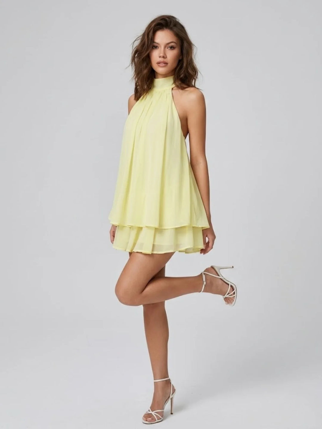 Jaune Women's Halter Neck Tiered Mini Dress — Alexa Backless Flowy Chiffon - Clair Front Full Pose