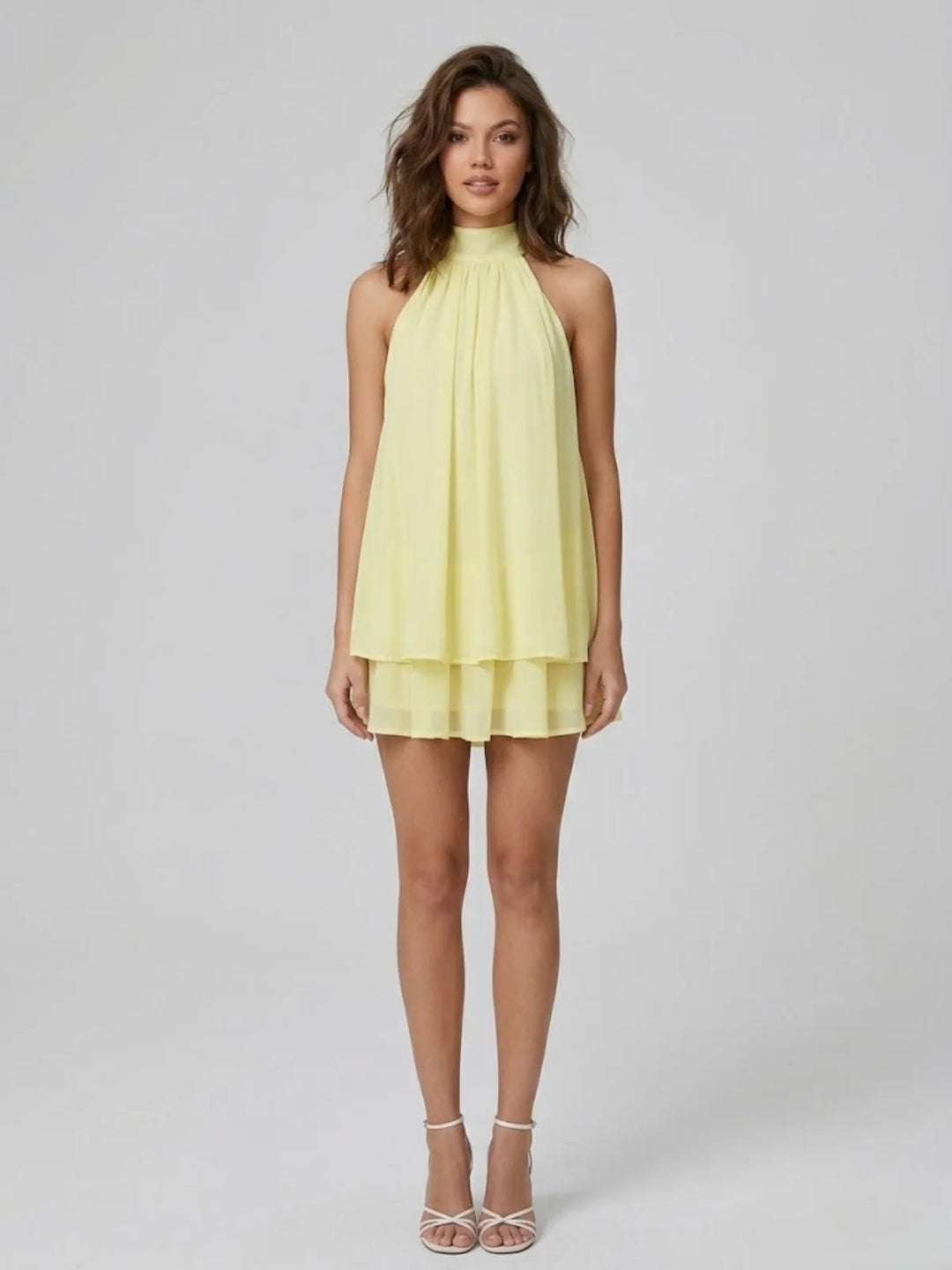 Jaune Women's Halter Neck Tiered Mini Dress — Alexa Backless Flowy Chiffon - Clair Front Standing