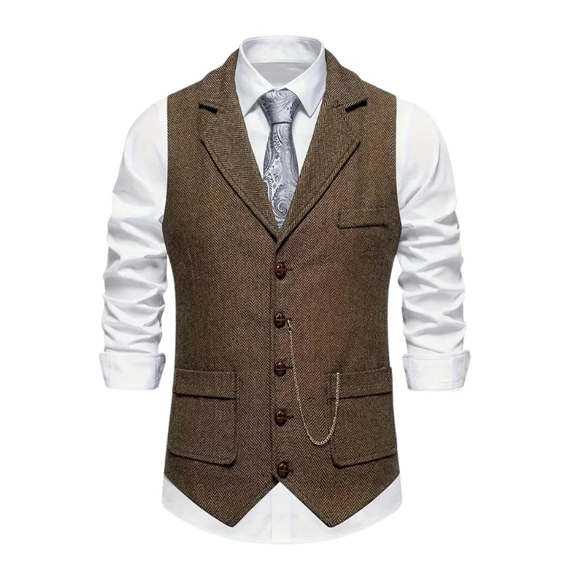 Coffee Men's Herringbone Waistcoat — Declan Button-Front Tailored Lapel - Front Full
