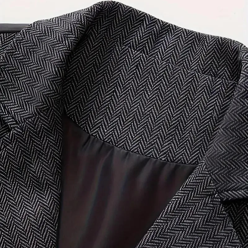Dark Grey Men's Herringbone Waistcoat — Declan Button-Front Tailored Lapel - Fabric Texture