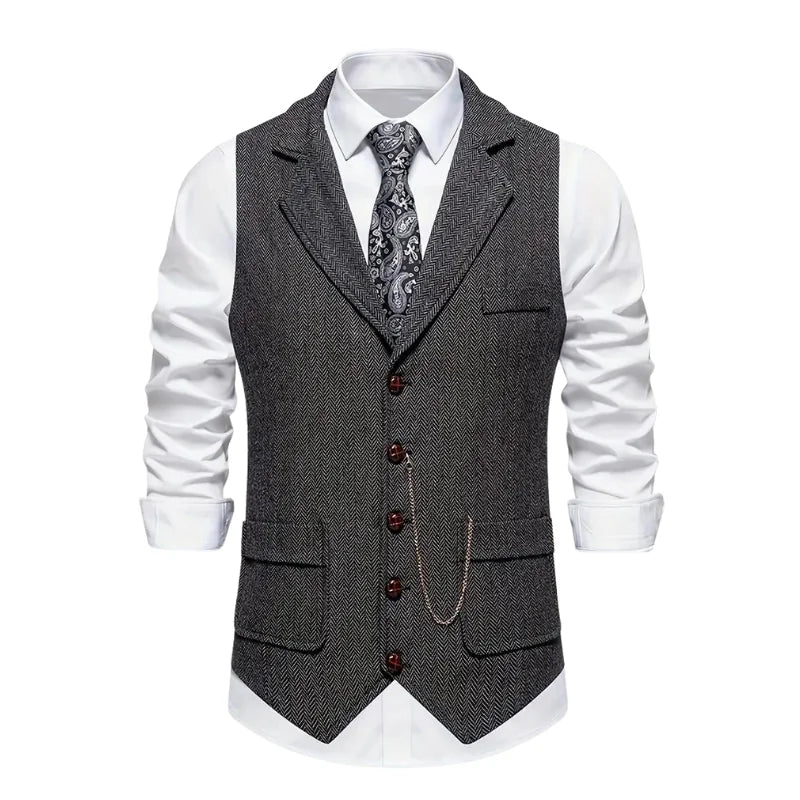 Dark Grey Men's Herringbone Waistcoat — Declan Button-Front Tailored Lapel - Front Styled