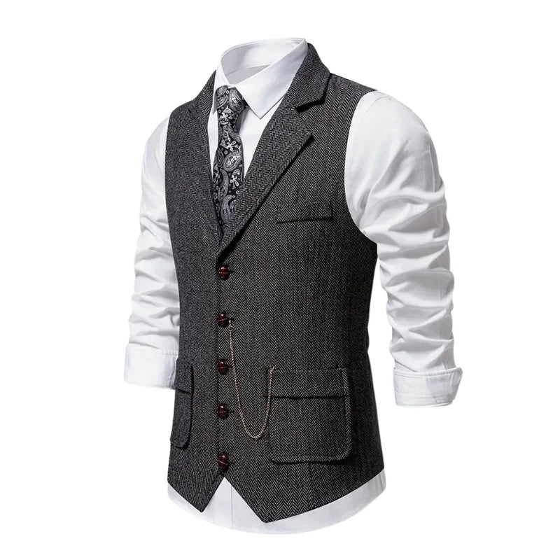 Dark Grey Men's Herringbone Waistcoat — Declan Button-Front Tailored Lapel - Side Profile