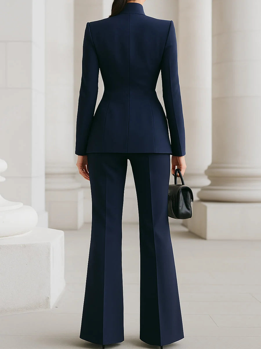 Navy Blue Women's Two Piece High Collar Blazer Wide Leg Pants Suit — Severine Professional Tailored - Back Full