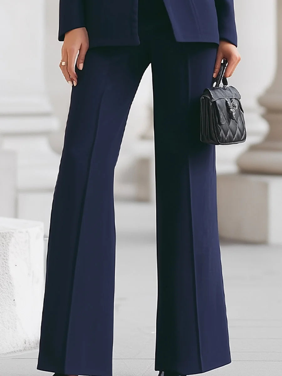 Navy Blue Women's Two Piece High Collar Blazer Wide Leg Pants Suit — Severine Professional Tailored - Pants Detail