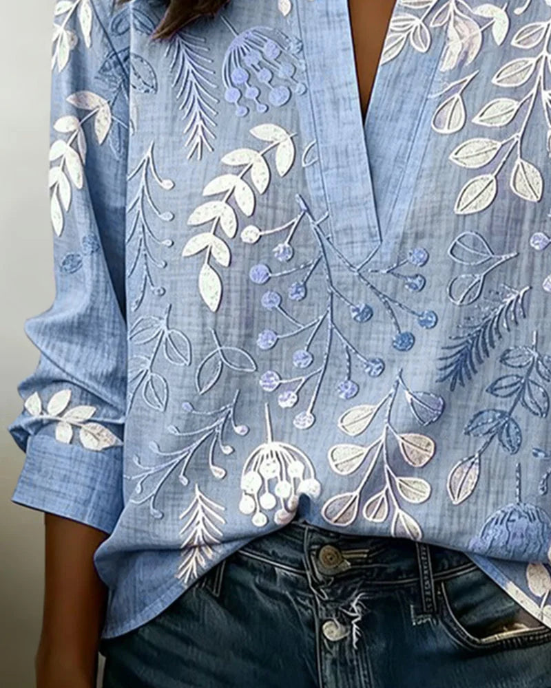 Blue Women's Floral High Neck Blouse — Marlowe Embroidered Long Sleeve - Close Up Neckline