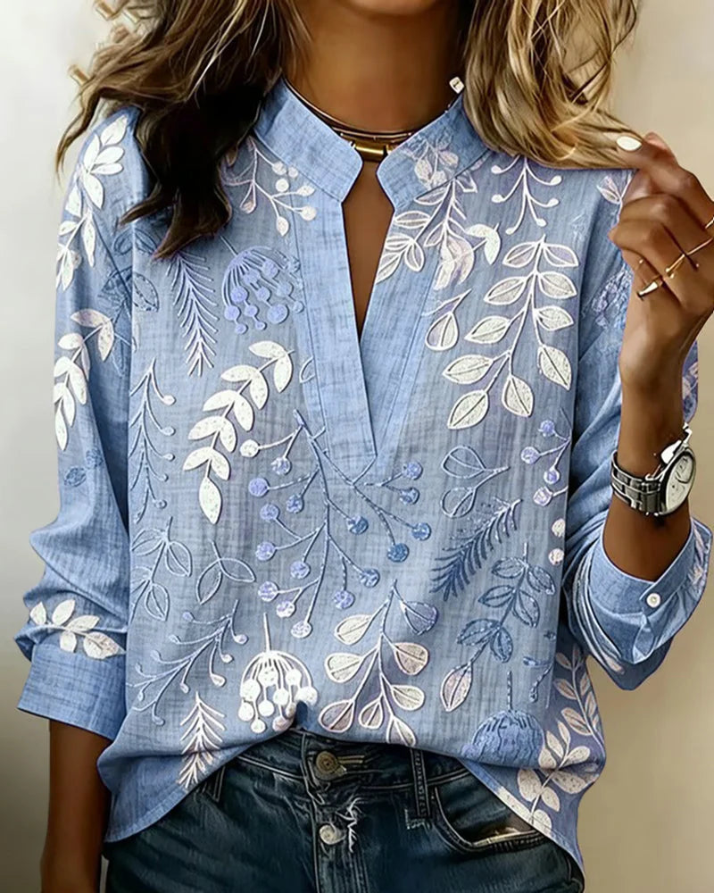 Blue Women's Floral High Neck Blouse — Marlowe Embroidered Long Sleeve - Front Full