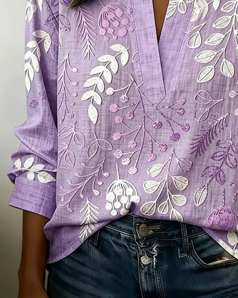 Purple Women's Floral High Neck Blouse — Marlowe Embroidered Long Sleeve - Front Detail