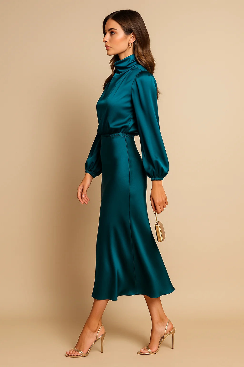 Teal Women's High Neck Midi Dress — Ellie Satin Blouson Elegant - Blue Side Pose