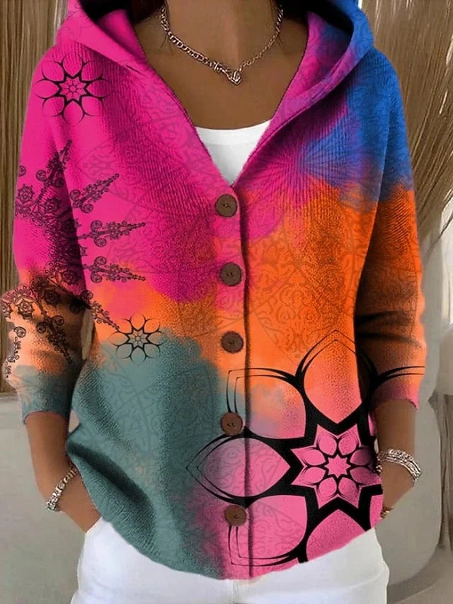 Fuchsia Women's Hooded Button-Front Long Cardigan Sweater — Sofie Printed Cozy - Front Pose
