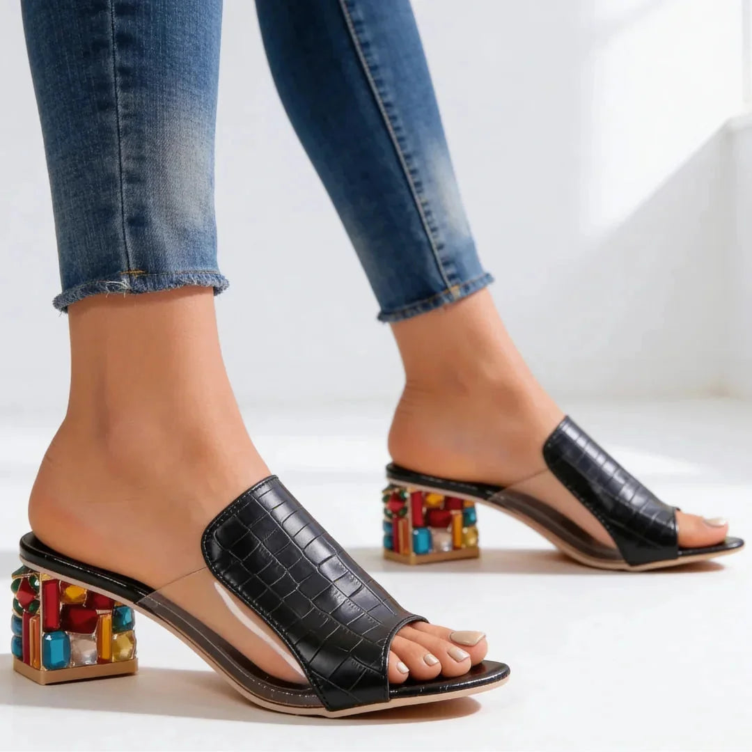 Black Women's Jewel Block Heel Slides — Emily Colorful Square Toe Decorative - Model Walking