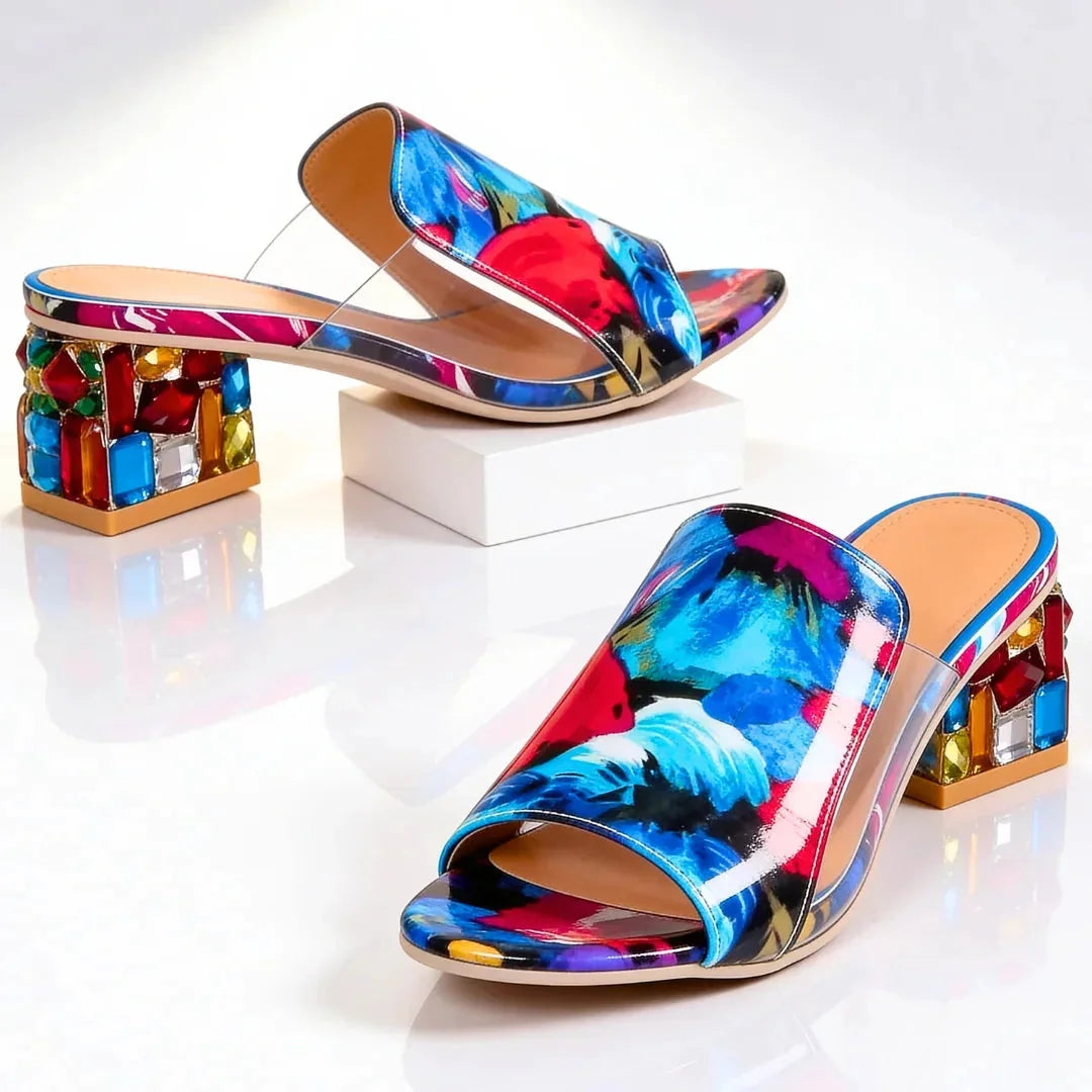 Floral Women's Jewel Block Heel Slides — Emily Colorful Square Toe Decorative - Close Up Heel