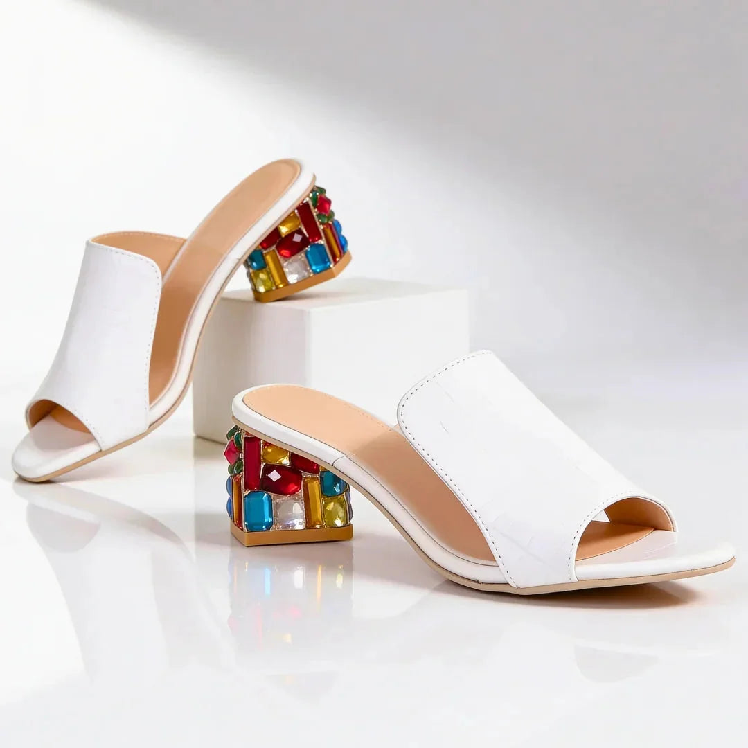 White Women's Jewel Block Heel Slides — Emily Colorful Square Toe Decorative - Flat Lay