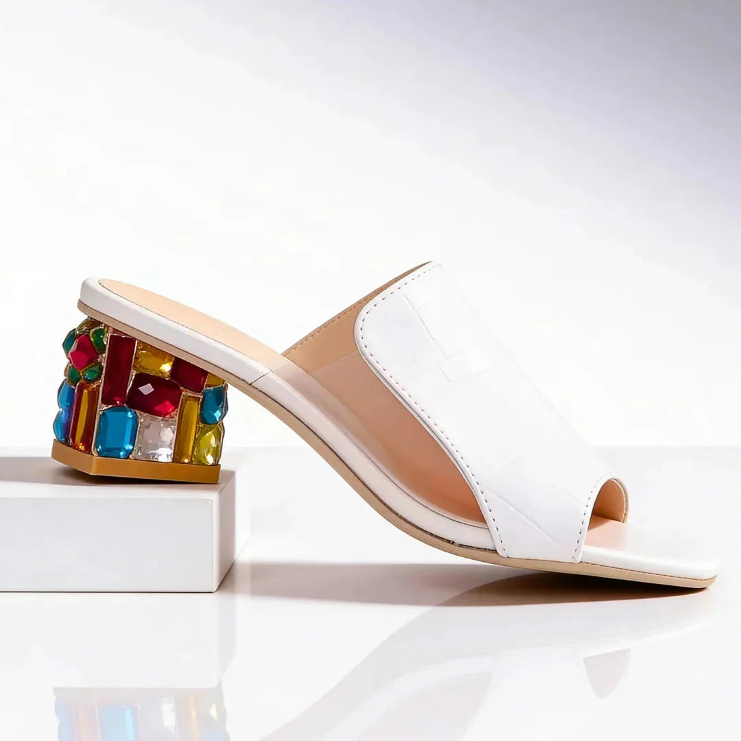 White Women's Jewel Block Heel Slides — Emily Colorful Square Toe Decorative - Studio