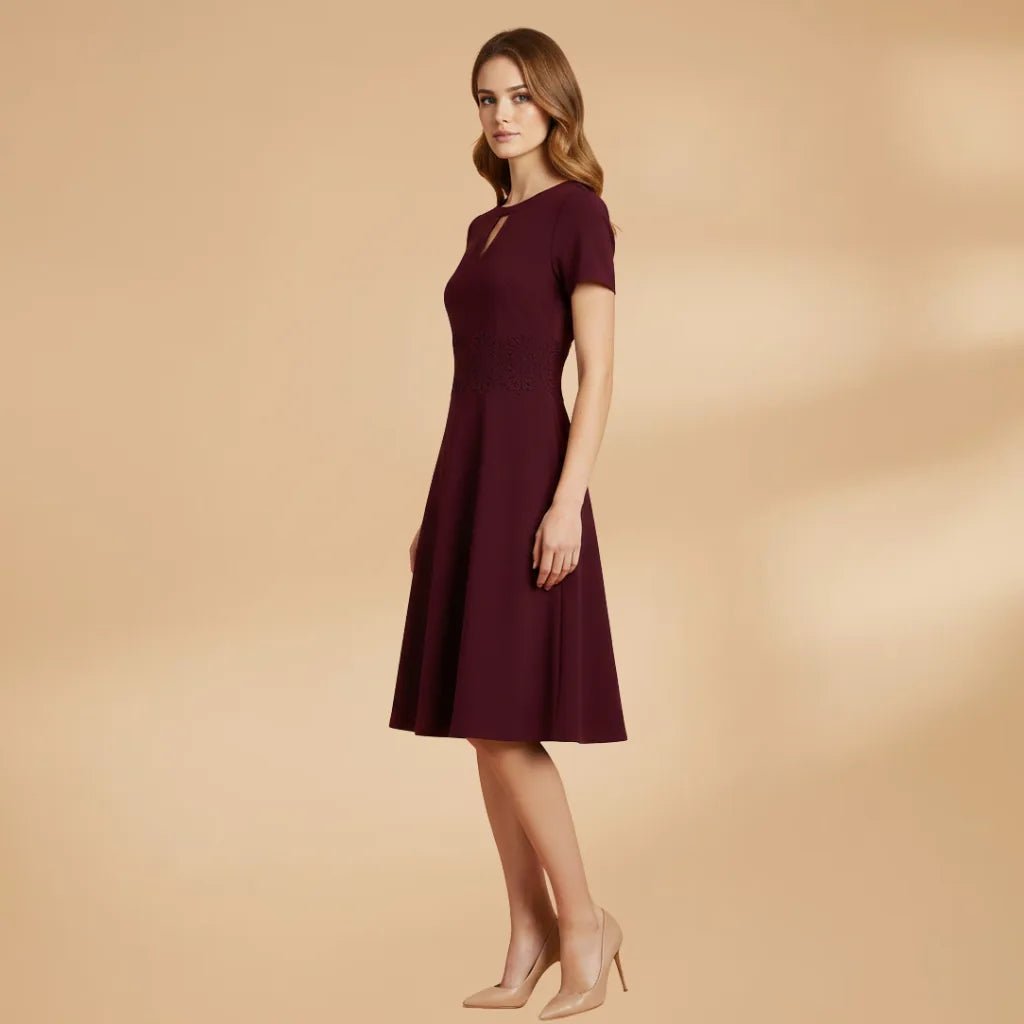 Ruby | Women's Burgundy Lace Keyhole Dress with Short Sleeves - Burgundy - 5