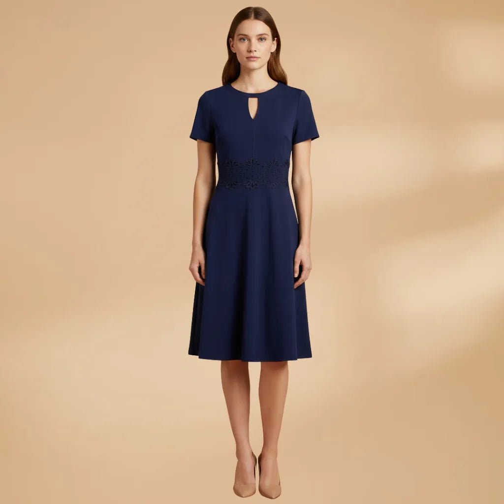 Ruby | Women's Burgundy Lace Keyhole Dress with Short Sleeves - Navy Blue - 8