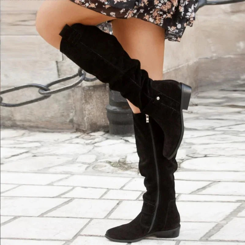 Black Women's Knee High Slouch Boots — Roxanne Buckle Strap Suede - Side Full
