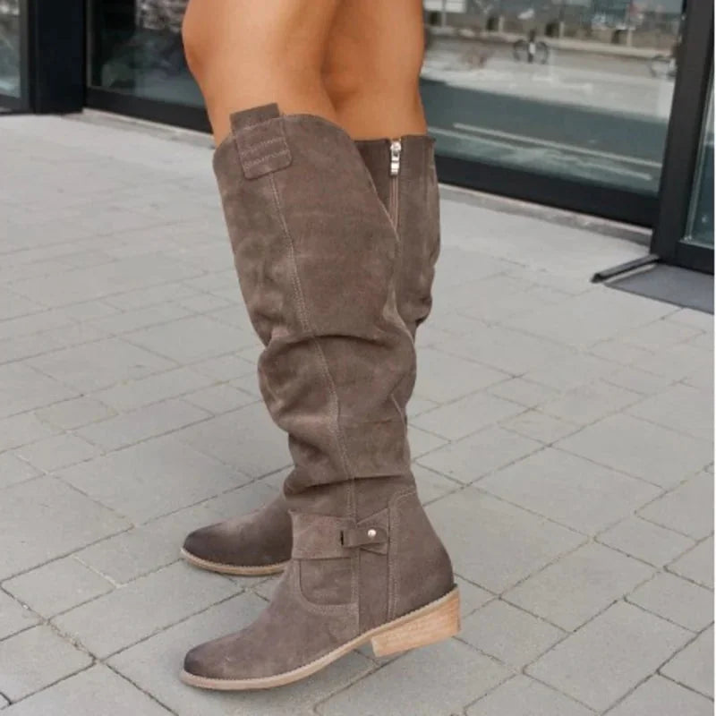 Light Brown Women's Knee High Slouch Boots — Roxanne Buckle Strap Suede - Side Detail