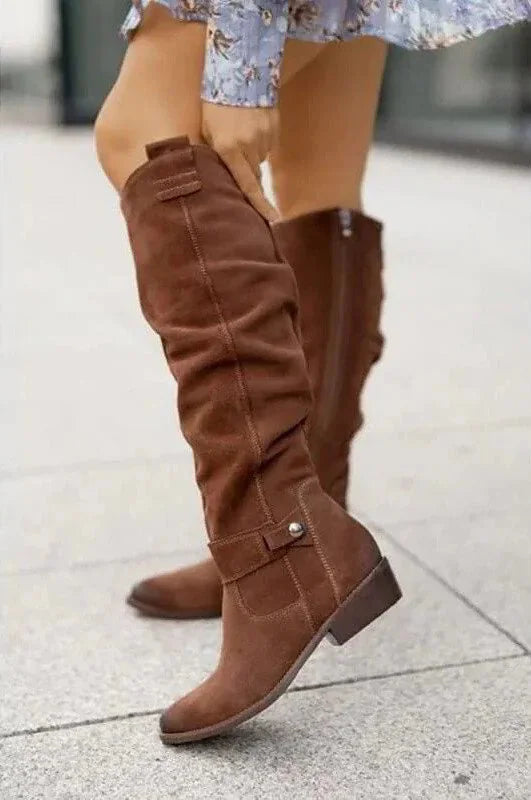 Light Brown Women's Knee High Slouch Boots — Roxanne Buckle Strap Suede - Side Pose