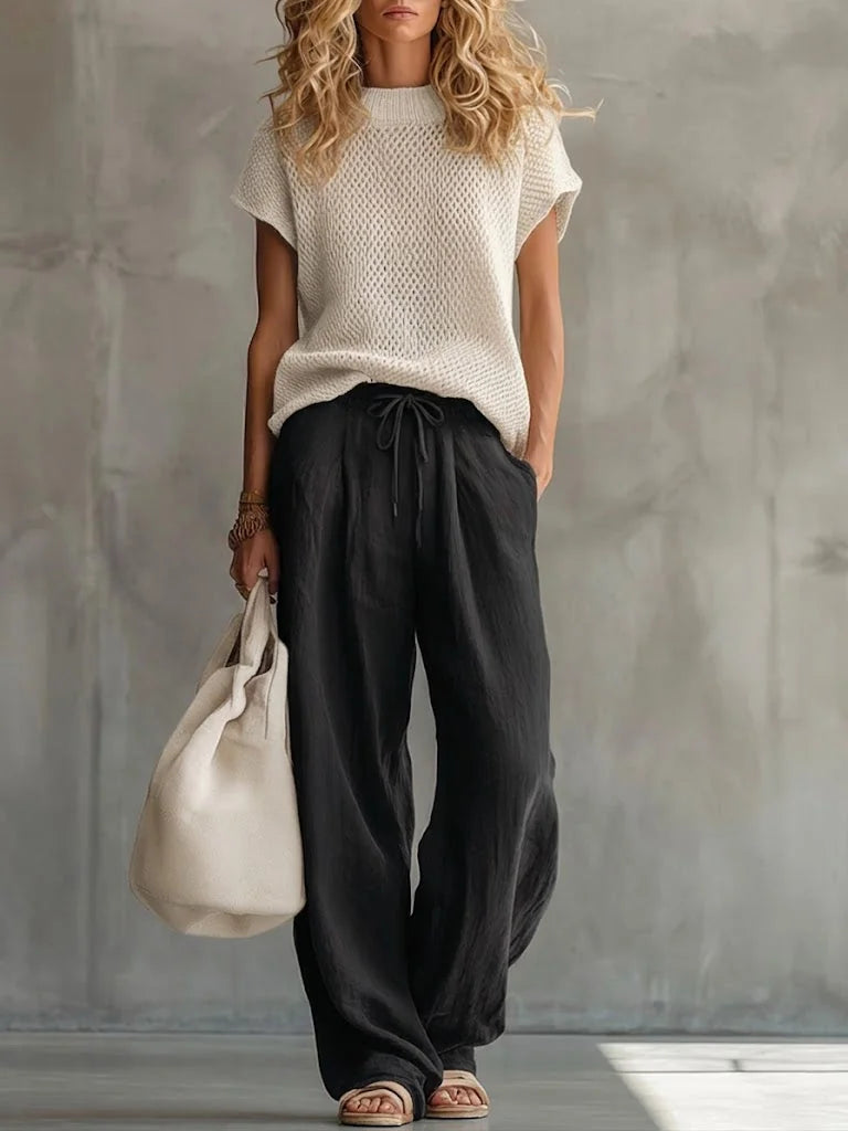Black Women's Knitted Top & Linen Trouser Set — Imogen Wide-Leg Drawstring - Front Lifestyle