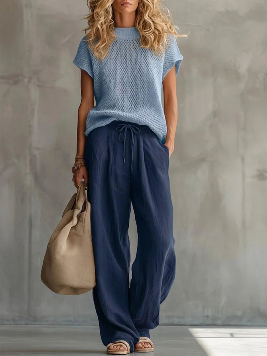 Navy Women's Knitted Top & Linen Trouser Set — Imogen Wide-Leg Drawstring - Front Pose